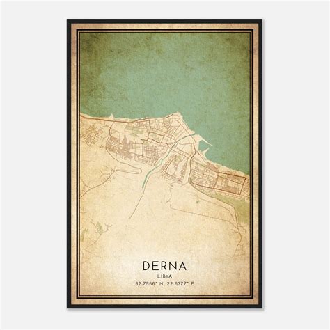 Vintage Derna Libya Map Poster, Derna City Road Wall Art Print - Custom ...