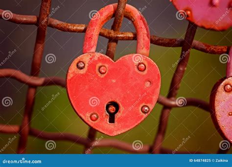 Beautiful Red Heart Shaped Padlock Locked On Iron Stock Image Image