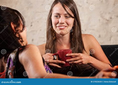 Pretty Brunette Talking With Friend Stock Photo Image Of Coffee