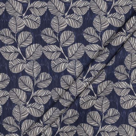 Tissu Coton Enduit Motifs Feuillage Fond Bleu