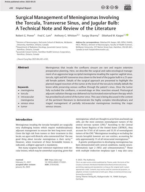 Pdf Surgical Management Of Meningiomas Involving The Torcula