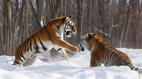 Tiger Fight Two Tigers In The Snow Near Woods Backgrounds | JPG Free ...