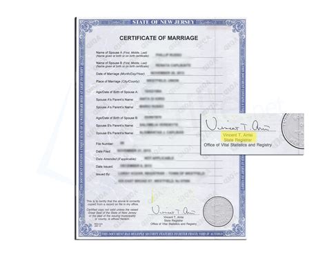 State Of New Jersey Certificate Of Marriage Issued By Vincent T Arrisi State Registrar Marriage