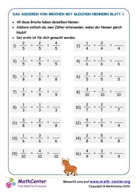 Fünfte Klasse Arbeitsblätter Das Addieren von Brüchen Math Center