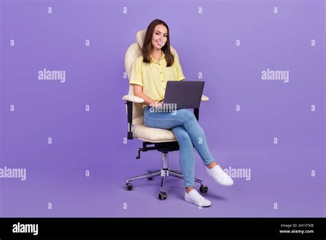 Full Size Photo Of Boss Millennial Brunette Lady Work Laptop Sit On Armchair Wear Top Jeans