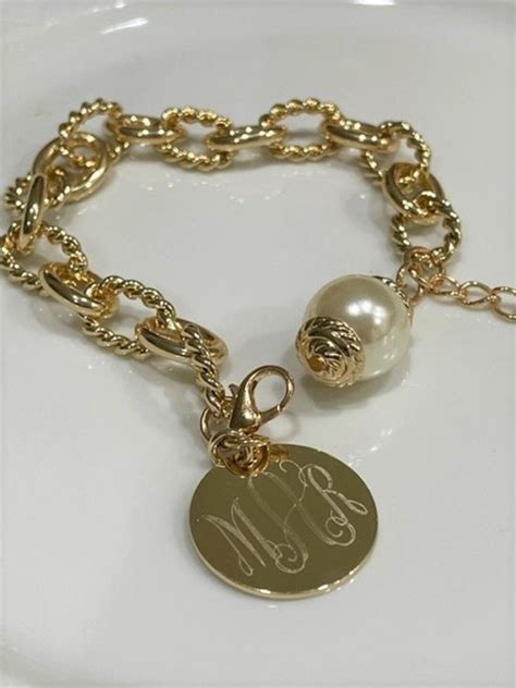 Monogram Charm Bracelet, Gold Tone Monogram Bracelet, Personalized Gold Chunky Bracelet ...