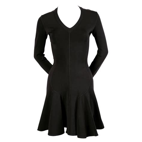 Azzedine Alaia Black Skater Dress With V Neckline And Long Sleeves