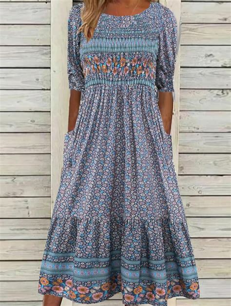 Boho Floral Midi Dress Tohittheroad