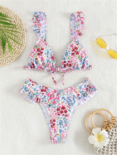 Shein Swim Mod Ditsy Floral Bikini Set Frill Trim Tie Front Triangle