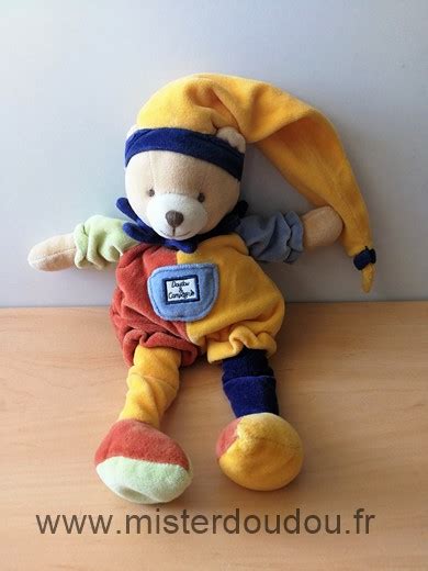 Doudou Ours Doudou Et Compagnie Arlequin Rouge Jaune Bleu Bonnet Jaune