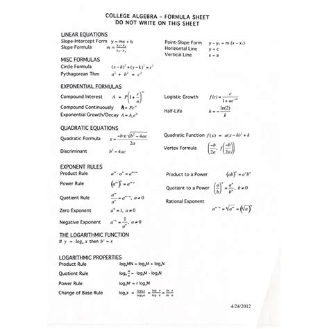 college algebra formula sheetdo  write   cheggcom