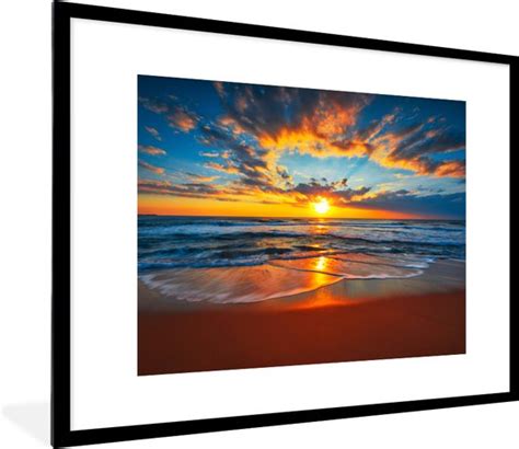 Fotolijst Incl Poster Zee Zonsondergang Strand Wolken Oranje