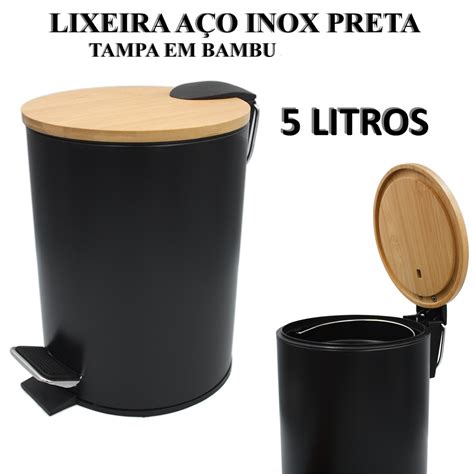 Lixeira Pedal Tampa De Bambu Litros Inox Banheiro Cozinha