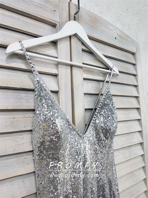 Promfy Beaded Straps V Neck Silver Sequin Long Prom Dress