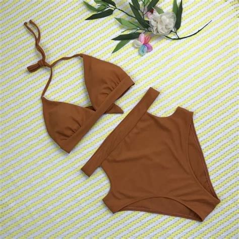 Maillots de bain femmes 2 pièces Sexy bikini Classique Mode Boheme couleur unie taille haute