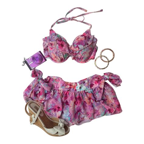Coquette Purple Floral Japanese 3 Piece Bikini Set Flutter Vintage