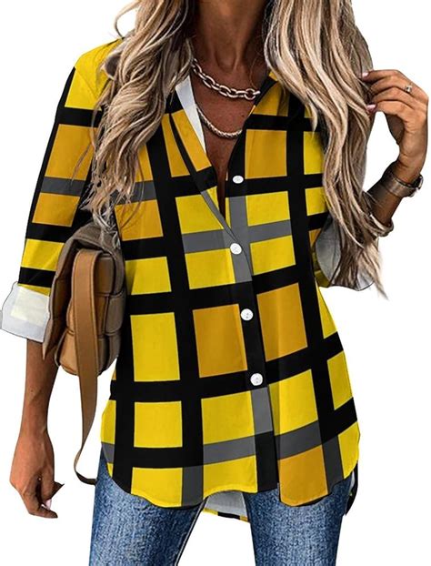Camisa A Cuadros Amarilla Para Mujer Camisa A Cuadros De Bloques De