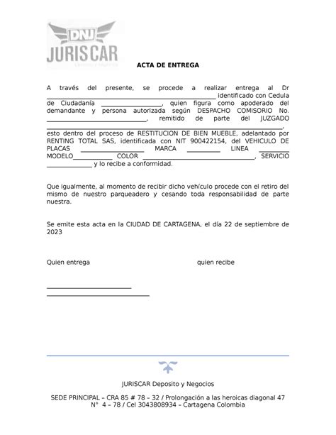 ACTA DE Entrega ACTA DE ENTREGA A través del presente se procede a