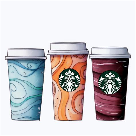 Premium Photo | Three starbucks cups with different designs are lined up on a white surface ...