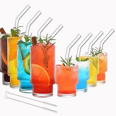 Amazon ALINK Ribbed Glassware Drinking Glasses With Straws Set Of