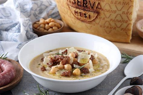 Velvety Chickpea Chestnut And Sausage Soup With Rosemary And Grana