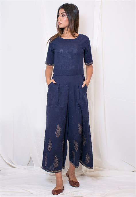 Hand Block Printed Cotton Slub Jumpsuit In Dark Blue Western Dresses