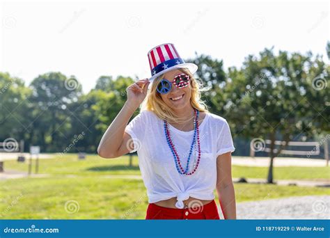 Gorgeous Patriotic Blonde Model Enjoying The 4th Of July Festivities Stock Image Image Of