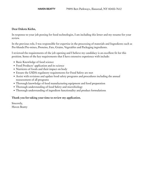 Food Technologist Cover Letter Velvet Jobs