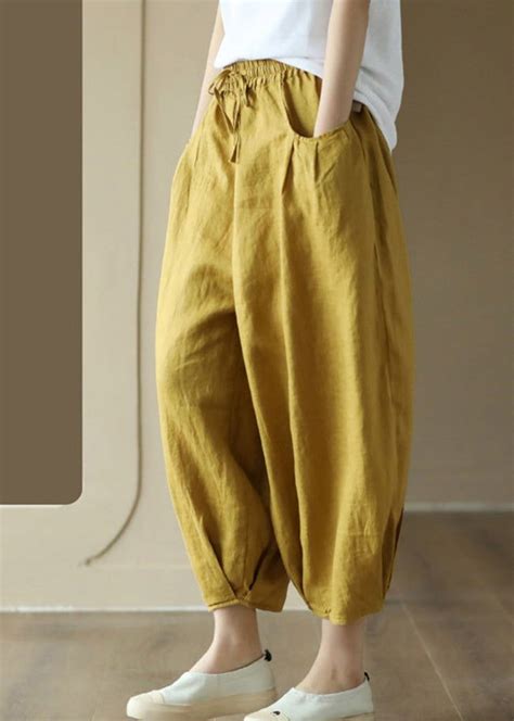 Plus Size White Wrinkled Tie Waist Linen Lantern Pants Summer Loose