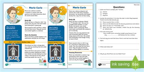 Ks1 Marie Curie Differentiated Reading Comprehension Activity