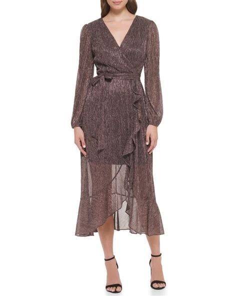 Kensie Long Sleeve Shimmer Chiffon Midi Dress In Rose Gold Black At