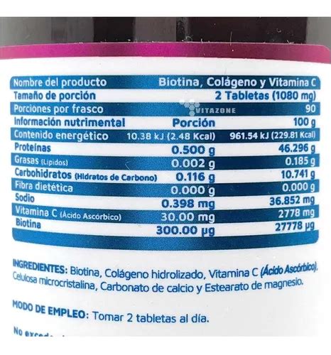 Biotina Colágeno Y Vitamina C 180 Tabletas Vidanat Sabor Sin Sabor En