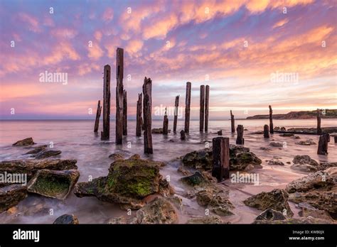 A Magic Sunrise Over The Iconic Port Willunga Jetty Ruins In South