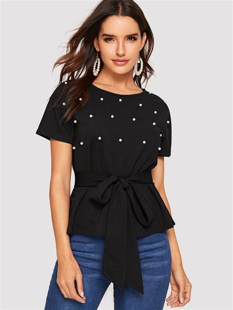 Shein Pearls Beaded Self Tie Top Blouses For Women Plain Tops Tops