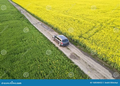 Aerial View Of Car Driving By Straight Ground Road Through Green Fields