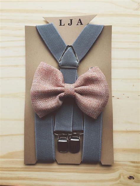 Blush Pink Burlap Bow Tie Suspender Set Rustic Burlap Ring Pink Burlap