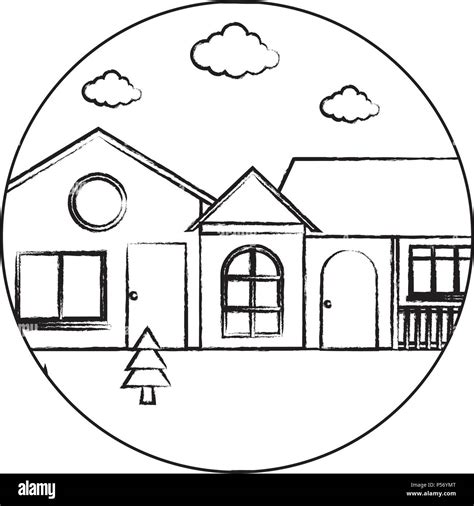 Sketch Of Frame In Circle Shape With Traditional Houses In A Landscape