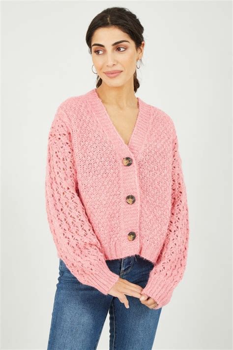 Yumi Pink Chunky Knit Crochet Cardigan Yumi