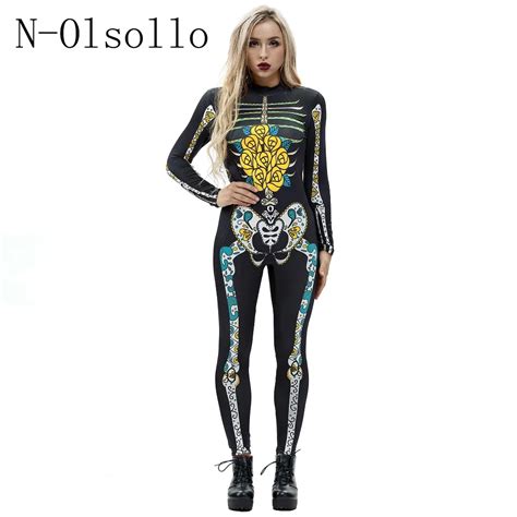 N Olsollo Gothic Rompers Jumpsuits 3d Intestines Skeleton Ribs Halloween Bodysuit Full Sleeve