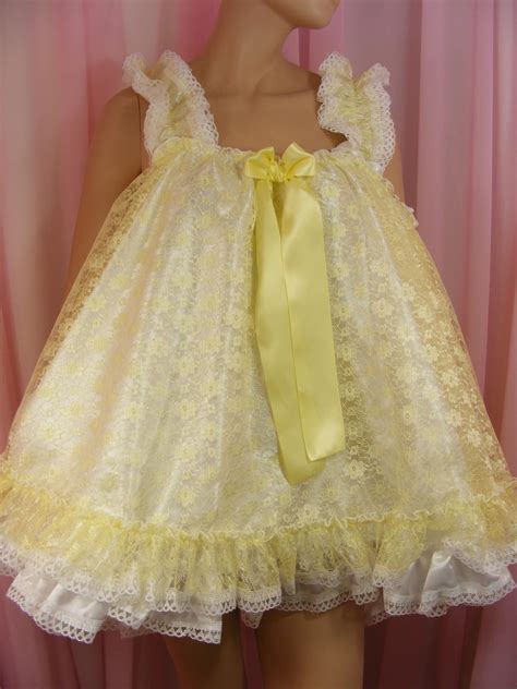 Sissy Adult BABY Satin And Lace Frilly Baby Doll Nightie Negligee Dress Lingerie Underwear