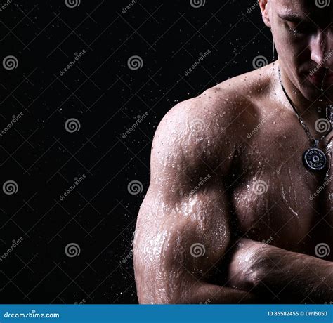 Athlete Muscular Brutal Bodybuilder Strong Male Naked Torso Posing Under Water Drops Shower