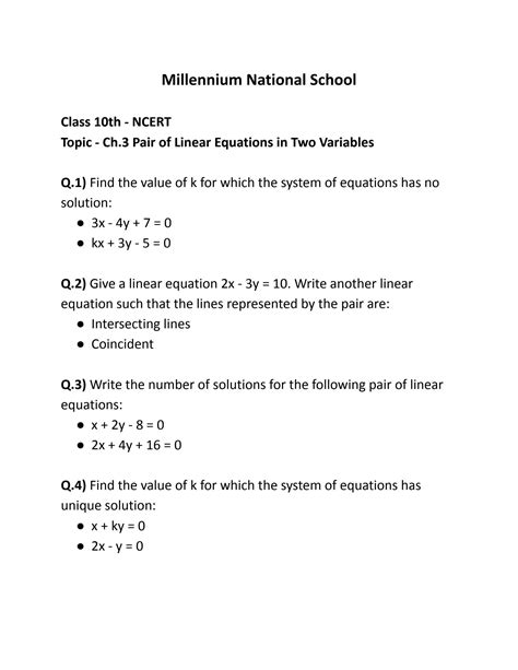 SOLUTION Ch 3 Pair Of Linear Equations In Two Variables Class