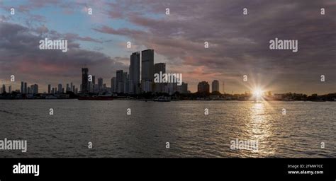 Colombia Scenic Cartagena Bay Bocagrande And City Skyline At Sunset