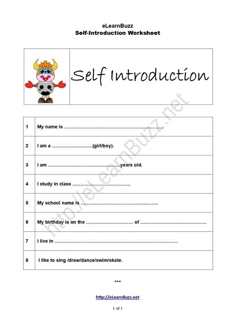 Self Introduction Worksheet For Grade 1