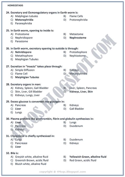 4 Mcqs Chapter 15 Homeostasis