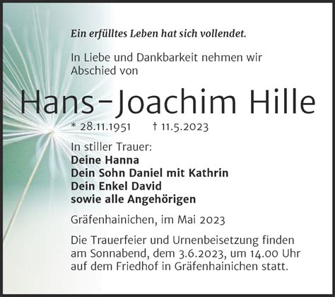 Traueranzeigen Von Hans Joachim Hille Abschied Nehmen De