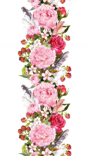 Premium Photo Floral Border With Flowers Roses Feathers Vintage