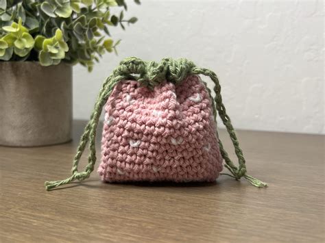 Mini Crochet Strawberry Drawstring Pouch Free Pattern Tutorial