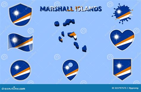 Collection Of Flat National Flags Of Marshall Islands With Map Stock