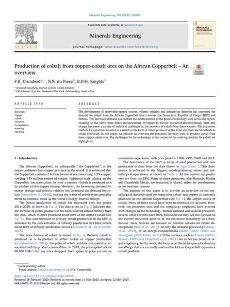 Production of Cobalt From Copper-Cobalt Ores On The African Copperbelt ...